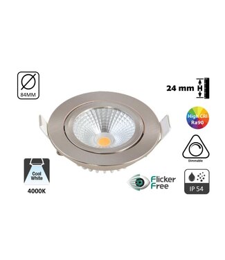 UITVERKOOP: Inbouw LED Spot 5w Flat, 450 Lumen, 4000K, Kantelbaar, IP54, Dimbaar, CRI90, Staal Armatuur, Gatmaat 75mm