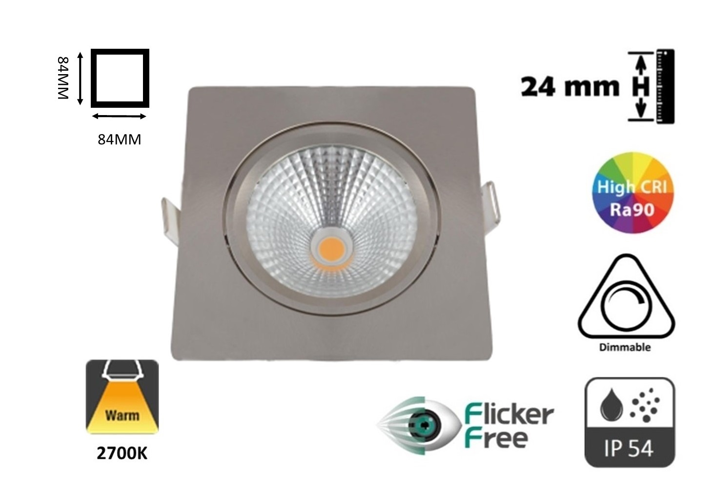 Inbouw LED Spot 5w Flat Vierkant, 450 Lumen, 2700K, Kantelbaar, IP44, Dimbaar, CRI90, Staal Armatuur, Gatmaat 75mm, 2 Jaar Garantie