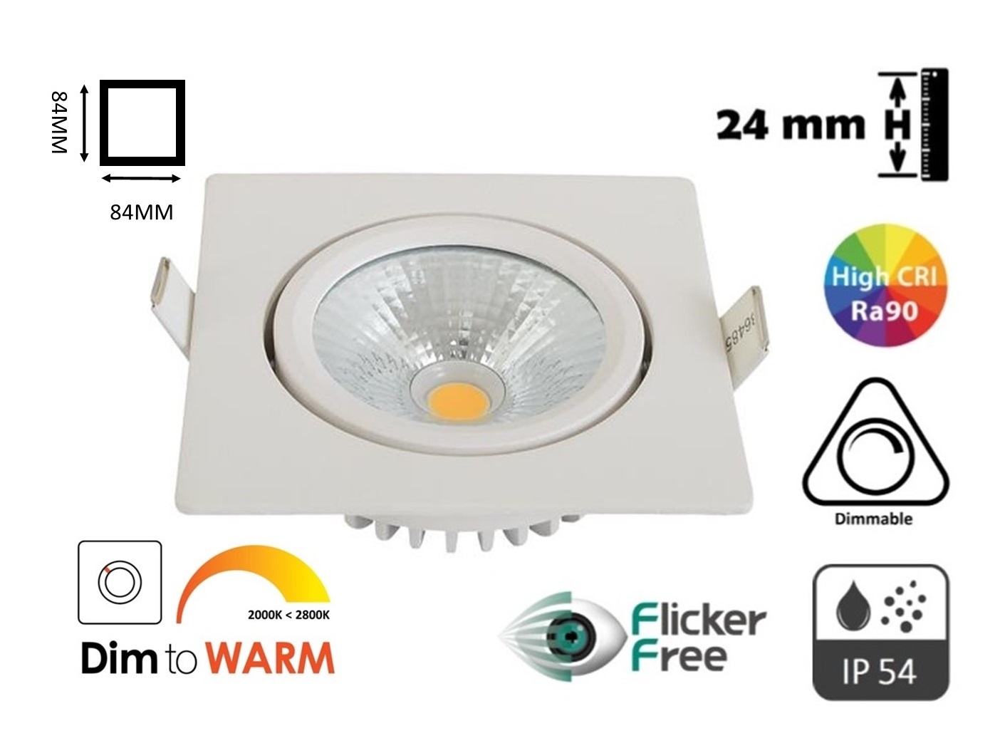 Inbouw LED Spot 5w Flat Vierkant, 450 Lumen, Dim To Warm, Kantelbaar, IP54, Dimbaar, CRI90, Wit Armatuur, Gatmaat 75mm, 2 Jaar Garantie