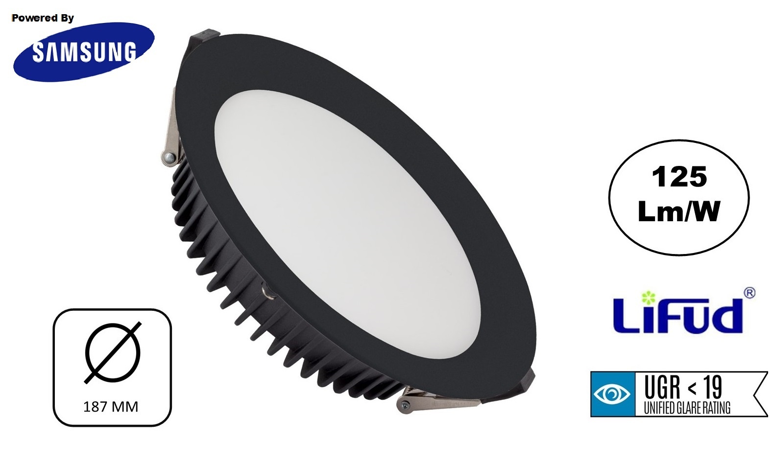 Reserveer: Led Downlighter Zwart N-Sarea 20w, 2500 Lumen, gatmaat Ø155mm, UGR<19, Samsung LEDS, Lifud LED Driver, 3 Jaar Garantie, foto 2 van 6