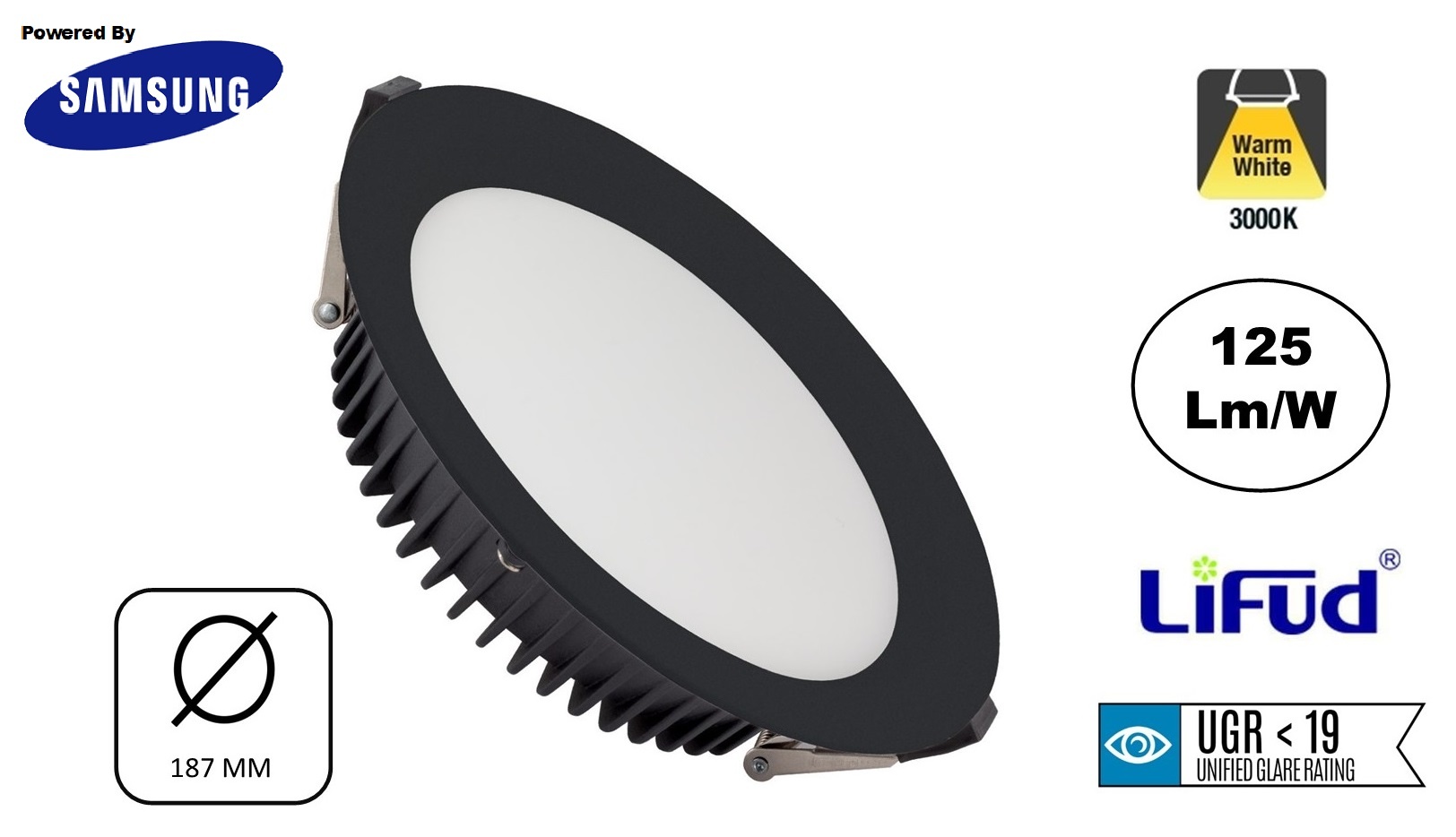 Reserveer: Led Downlighter Zwart N-Sarea 20w, 2500 Lumen, gatmaat Ø155mm, UGR<19, Samsung LEDS, Lifud LED Driver, 3 Jaar Garantie