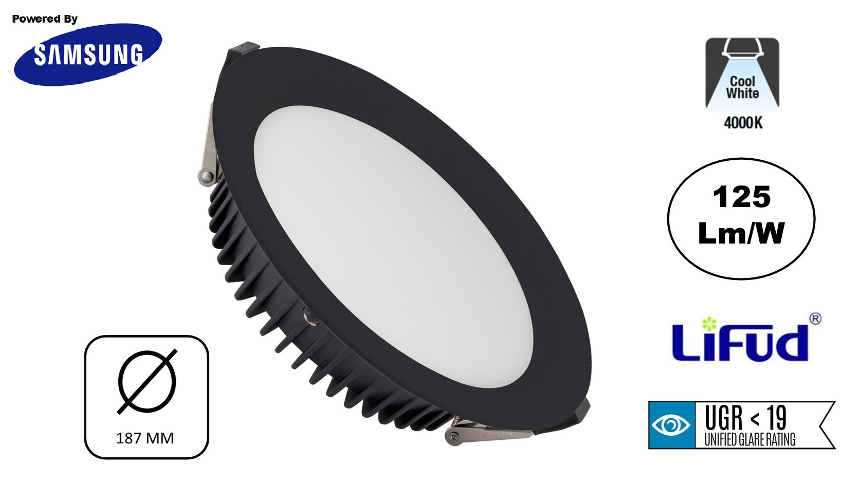 Reserveer: Led Downlighter Zwart N-Sarea 20w, 2500 Lumen, gatmaat Ø155mm, UGR<19, Samsung LEDS, Lifud LED Driver, 3 Jaar Garantie, foto 6 van 6