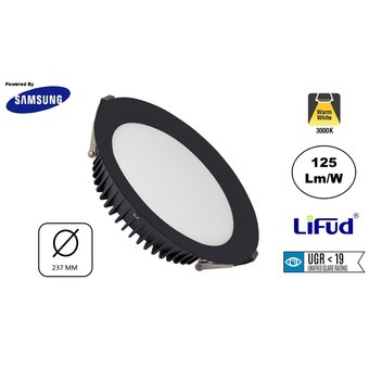 Led Downlighter Zwart N-Sarea 40w, 5000 Lumen, gatmaat Ø200mm, UGR<19, Samsung LEDS, Lifud LED Driver, 3 Jaar Garantie