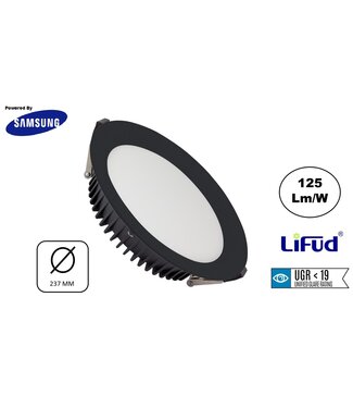 Led Downlighter Zwart N-Sarea 50w, 6250 Lumen, gatmaat Ø200mm, UGR<19, Samsung LEDS, Lifud LED Driver, 3 Jaar Garantie