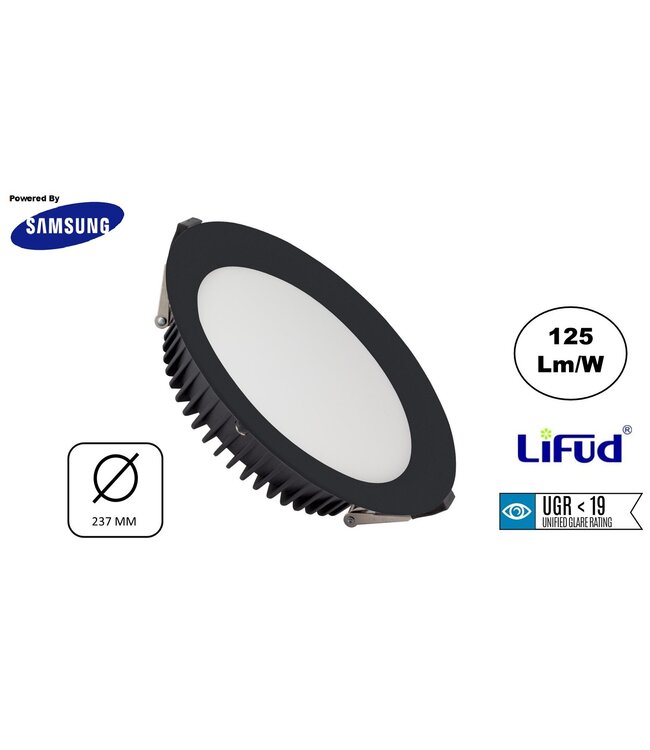 Led Downlighter Zwart N-Sarea 50w, 6250 Lumen, gatmaat Ø200mm, UGR<19, Samsung LEDS, Lifud LED Driver, 3 Jaar Garantie