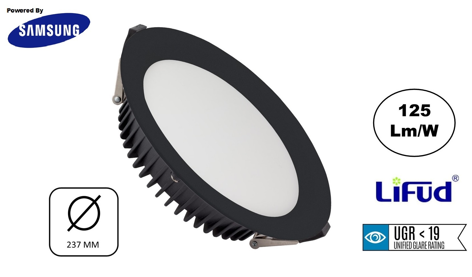 Led Downlighter Zwart N-Sarea 50w, 6250 Lumen, gatmaat Ø200mm, UGR<19, Samsung LEDS, Lifud LED Driver, 3 Jaar Garantie, foto 2 van 6