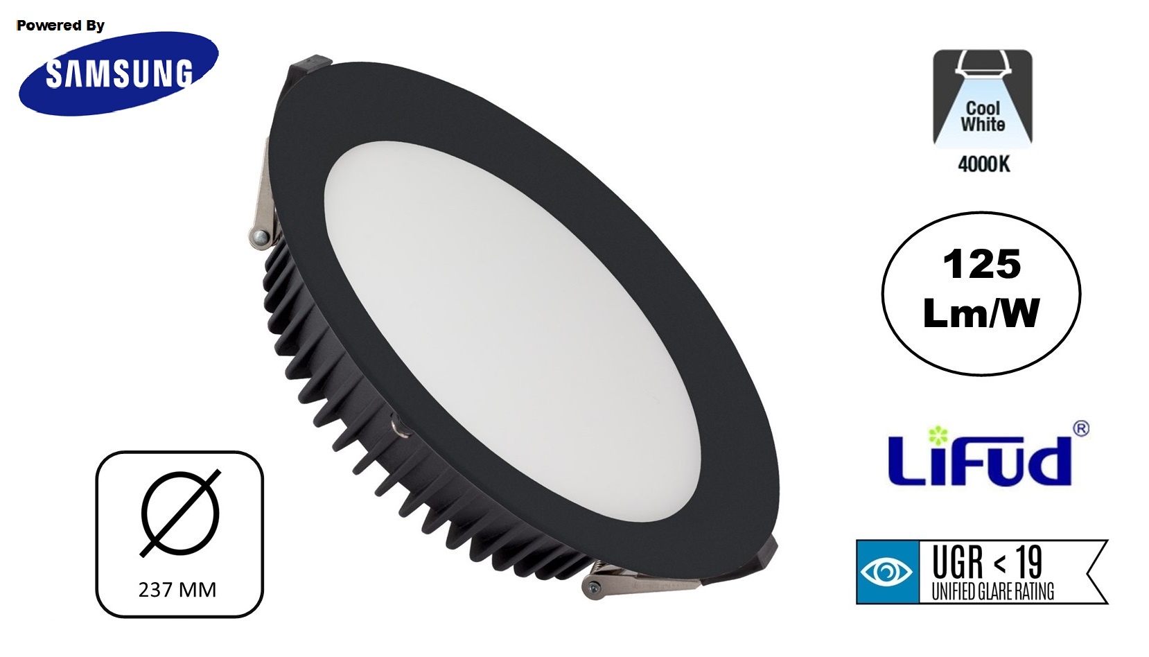 Led Downlighter Zwart N-Sarea 50w, 6250 Lumen, gatmaat Ø200mm, UGR<19, Samsung LEDS, Lifud LED Driver, 3 Jaar Garantie, foto 6 van 6