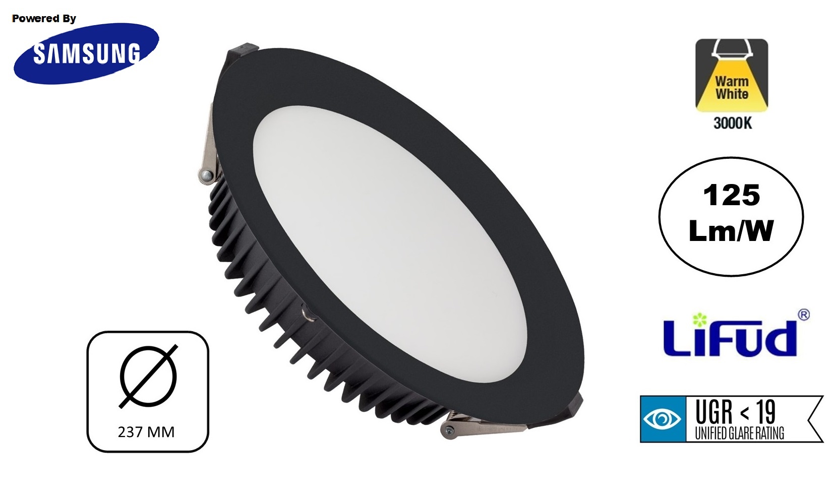 Led Downlighter Zwart N-Sarea 50w, 6250 Lumen, gatmaat Ø200mm, UGR<19, Samsung LEDS, Lifud LED Driver, 3 Jaar Garantie