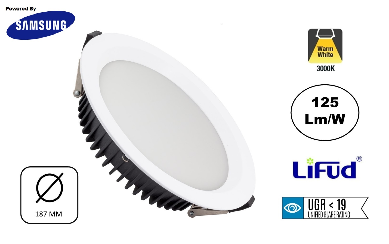 Reserveer: Led Downlighter Wit N-Sarea 20w, 2500 Lumen, gatmaat Ø155mm, UGR<19, Samsung LEDS, Lifud LED Driver, 3 Jaar Garantie