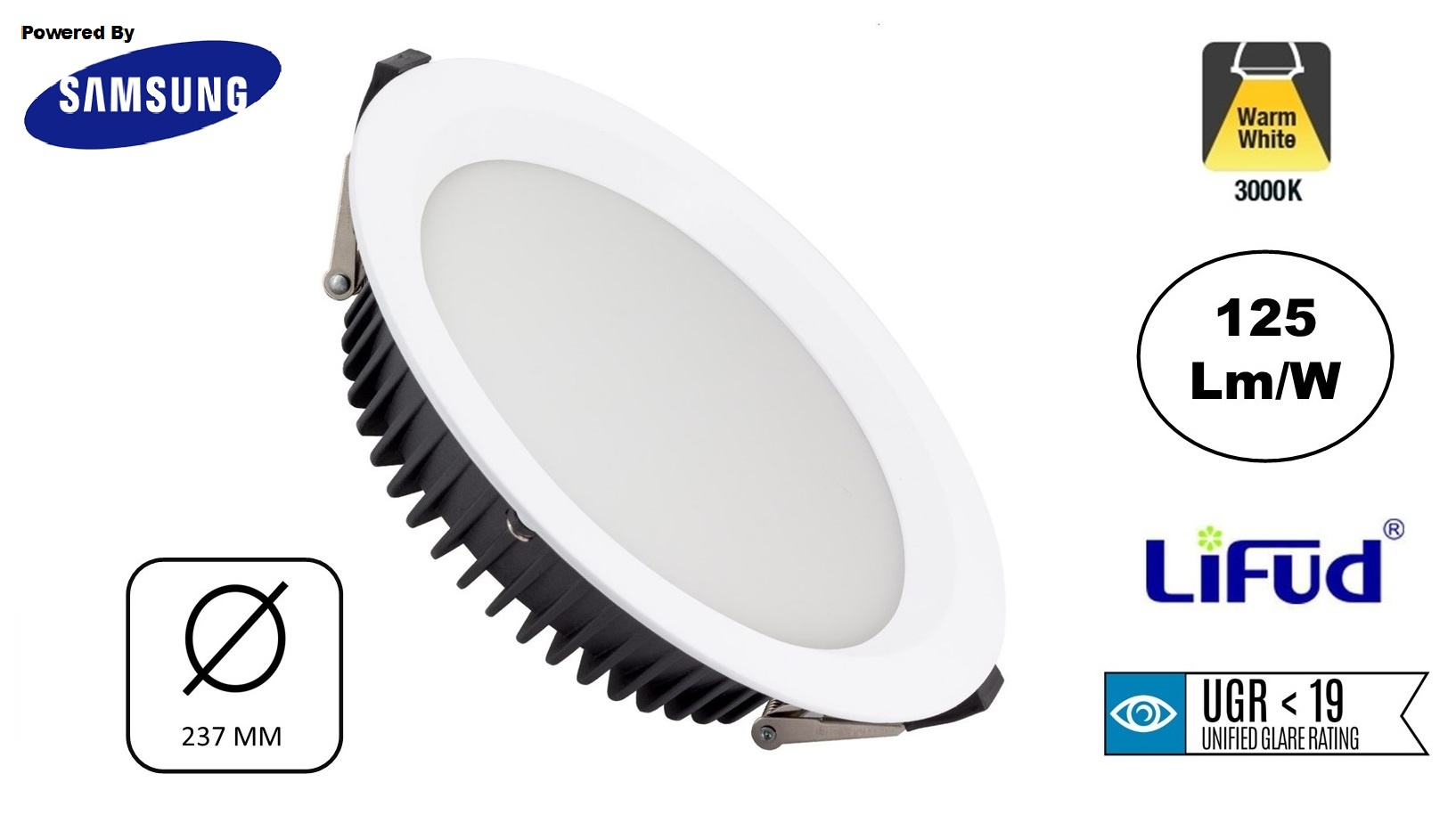 Led Downlighter Wit N-Sarea 30w, 3750 Lumen, gatmaat Ø200mm, UGR<19, Samsung LEDS, Lifud LED Driver, 3 Jaar Garantie