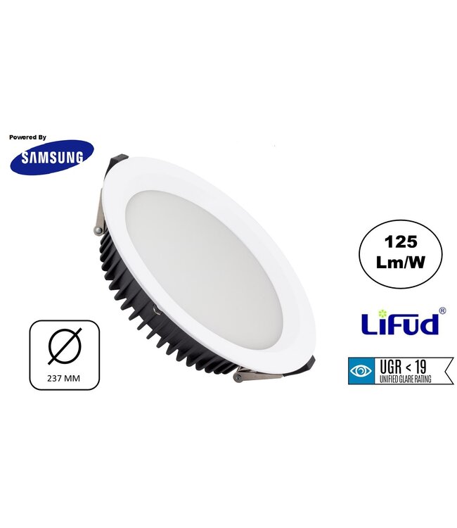 Led Downlighter Wit N-Sarea 40w, 5000 Lumen, gatmaat Ø200mm, UGR<19, Samsung LEDS, Lifud LED Driver, 3 Jaar Garantie