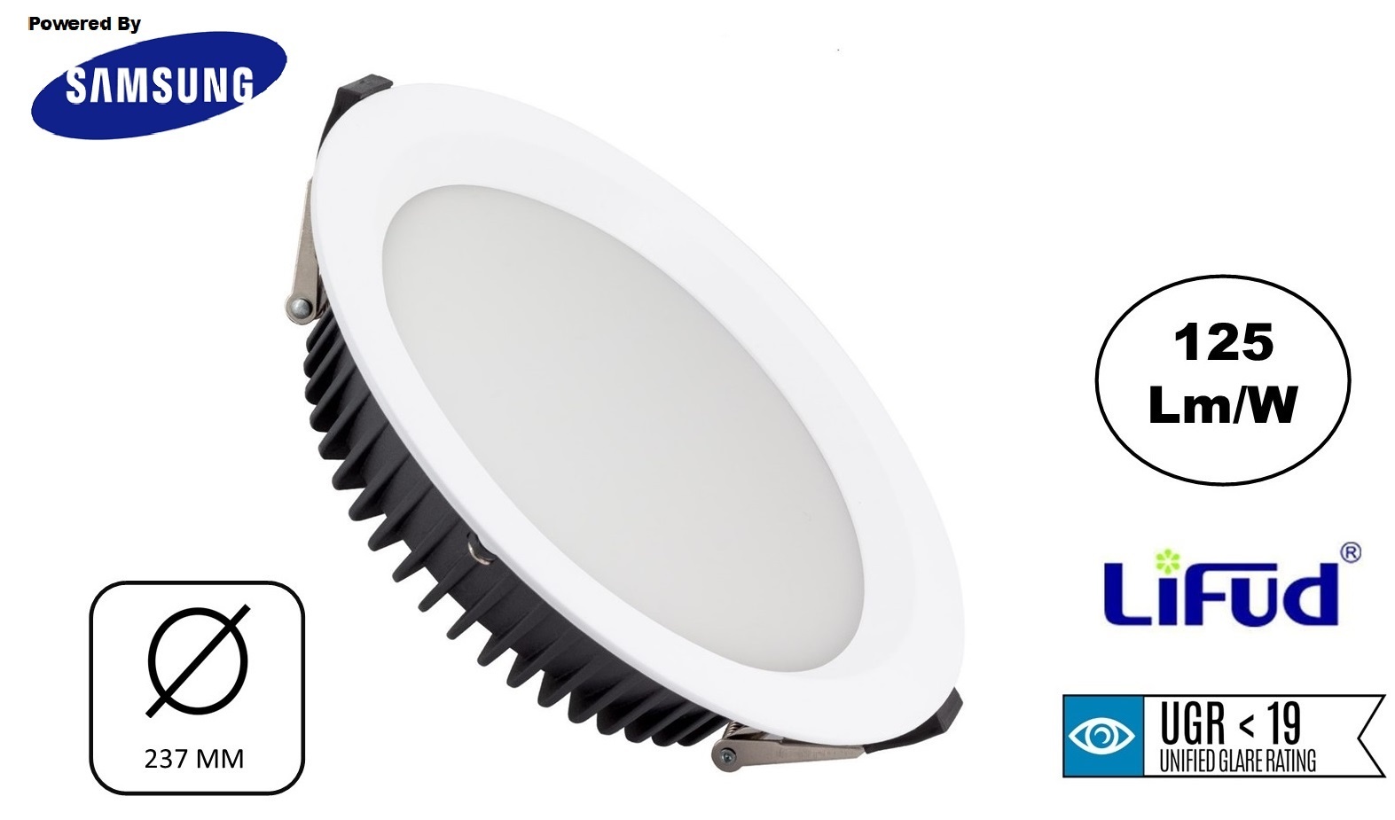 Led Downlighter Wit N-Sarea 50w, 6250 Lumen, gatmaat Ø200mm, UGR<19, Samsung LEDS, Lifud LED Driver, 3 Jaar Garantie, foto 2 van 6