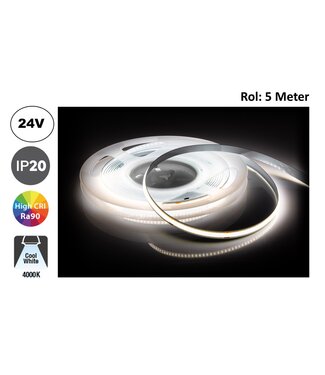 Led Strip ROL 5 Meter COB, 10w/m, 320 led/m, 880Lm/m, 4000K Neutraal wit, CRI90, 24v, IP33, 8mm, 2 Jaar garantie