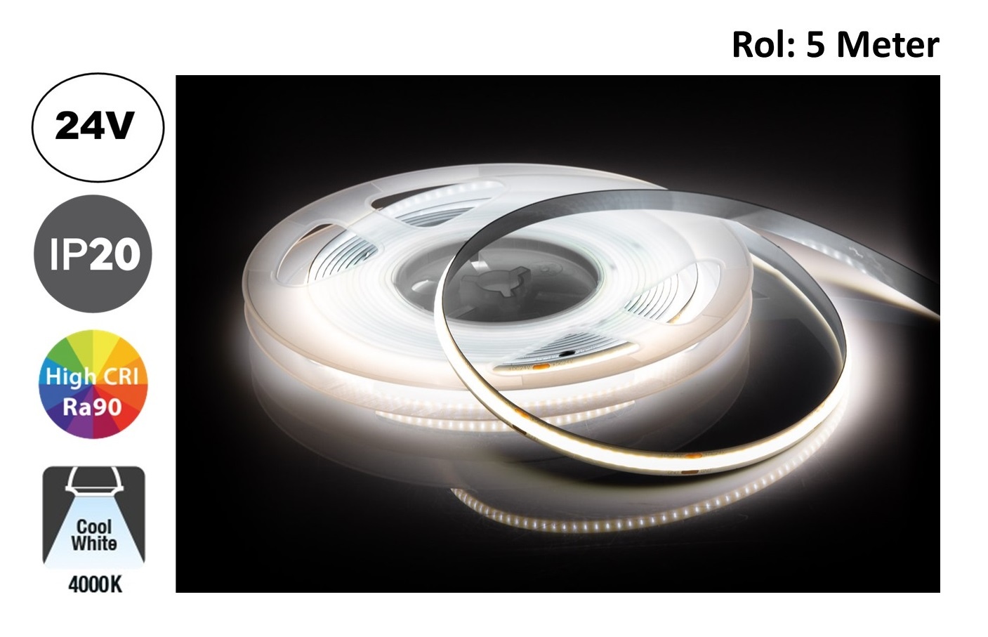Led Strip ROL 5 Meter COB, 10w/m, 320 led/m, 880Lm/m, 4000K Neutraal wit, CRI90, 24v, IP33, 8mm, 2 Jaar garantie