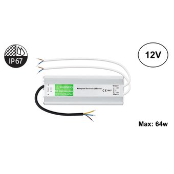 Led Strip voeding 12V/80W/6,6A, Max: 64w, IP67 Waterbestendig, 2 Jaar Garantie