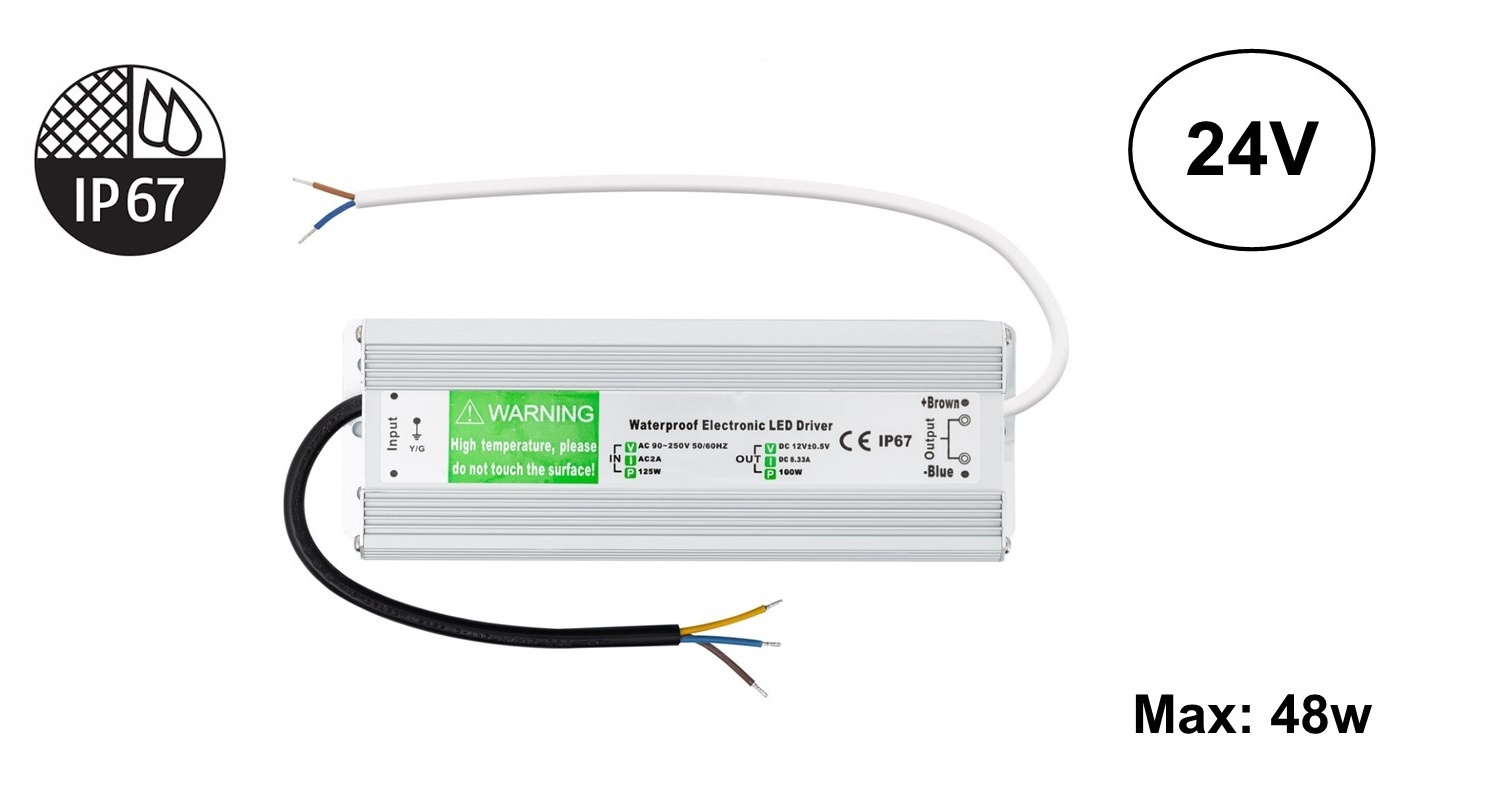 UITVERKOOP: Led Strip voeding 24V/60W/2,5A, Max: 48w, IP67 Waterbestendig