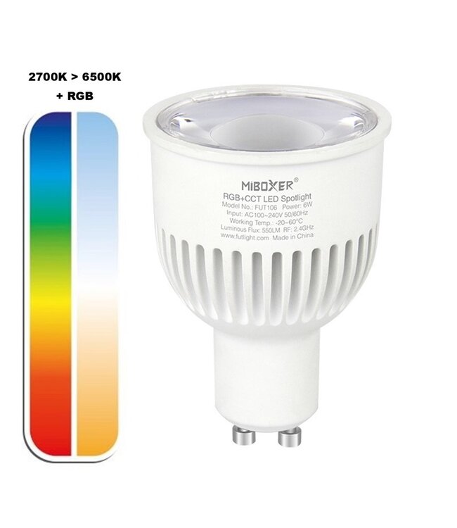 MiBoxer GU10 LED Spot 6w RGB + CCT, 2.4Ghz, 550 Lumen, 2 Jaar Garantie  - FUT106