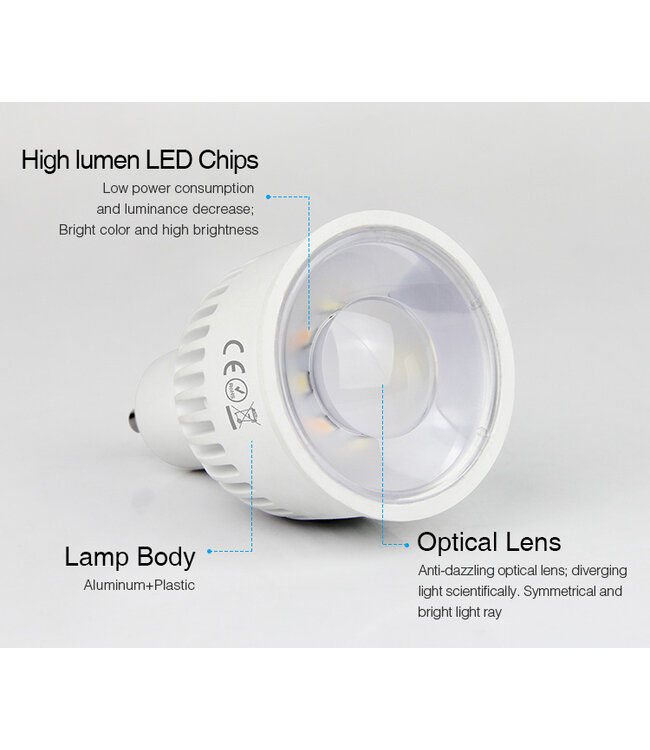 MiBoxer GU10 LED Spot 6w RGB + CCT, Wifi/RF, 550 Lumen, 2 Jaar Garantie