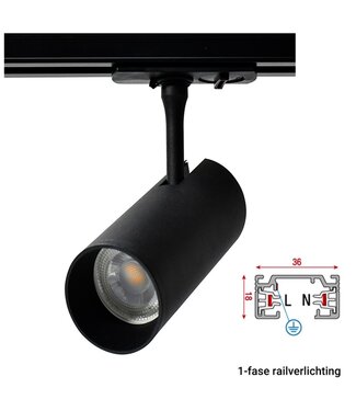 1 Fase Rail armatuur met GU10 Fitting met koker, Zwartkleurige behuizing