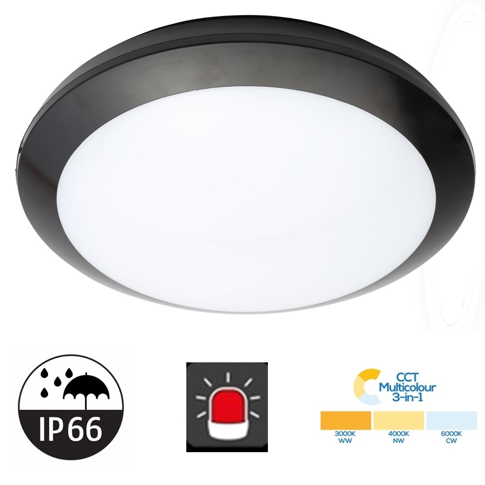 Led Plafonnière Zwart 16w, 1440 Lumen, Color Switch (3000/4000/6000K), Met noodaccu, IP66, IK10, 3 Jaar Garantie