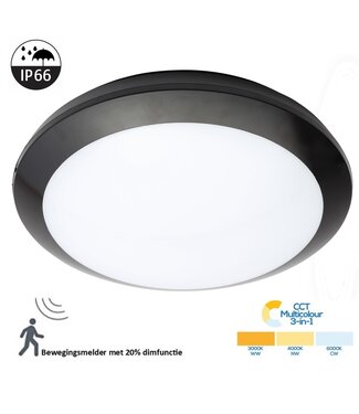 Led Plafonnière Zwart 16w, 1440 Lumen, Color Switch (3000/4000/6000K), Met bewegingssensor en terugdimfunctie, IP66, IK10, 3 Jaar Garantie
