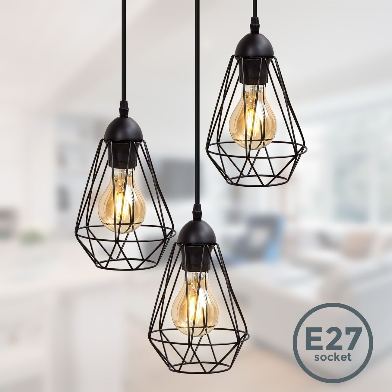 Industriële Hanglamp Zwart | Ø29cm | L:135cm| Incl. 3x Lichtbron E27 - 4w - 2400K - Dimbaar | Retro | Vintage | Metaal, foto 3 van 5
