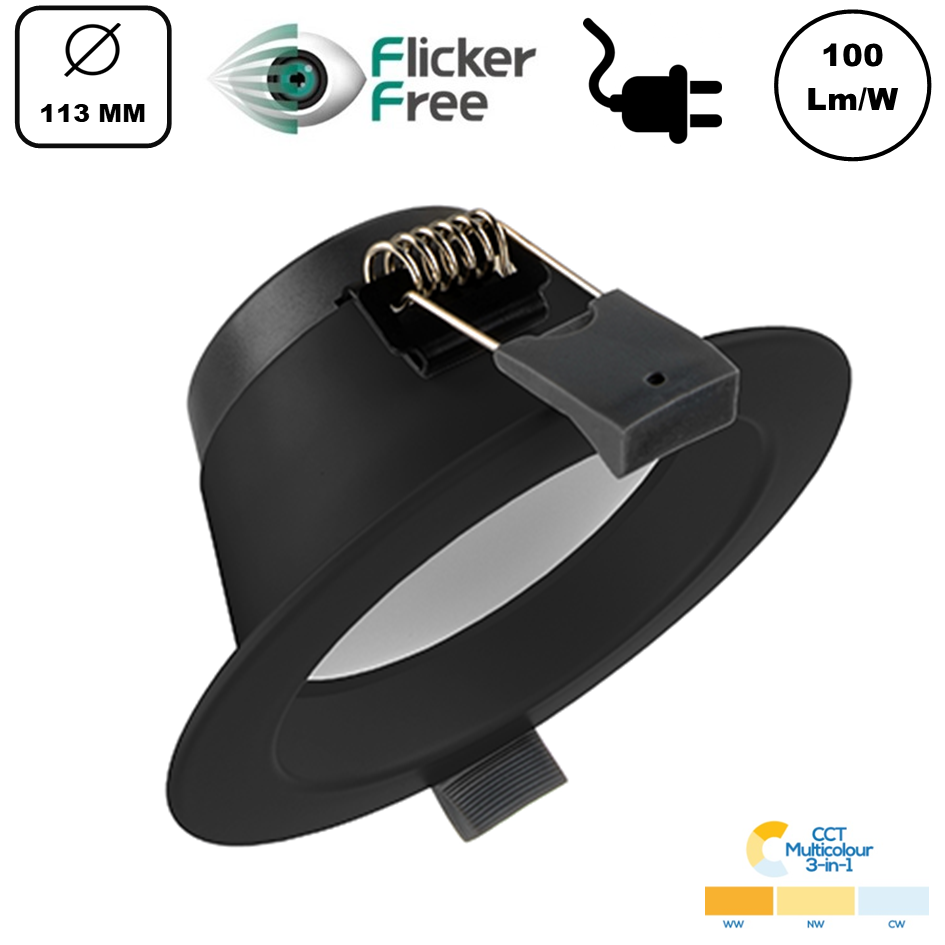 Led Downlighter Zwart 10w, 1000 Lumen, 3 Kleuren, gatmaat Ø90mm, Stekkerklaar, 3 Jaar Garantie