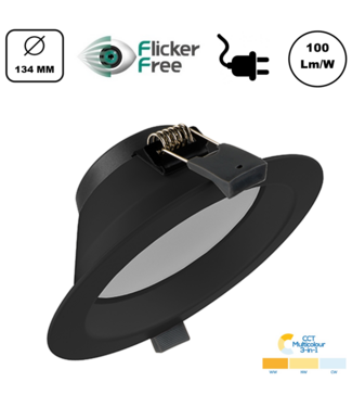 Led Downlighter Zwart 12w, 1200 Lumen, 3 Kleuren, gatmaat Ø120mm, Stekkerklaar, 3 Jaar Garantie