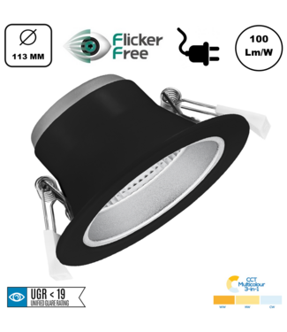 CCT Reflector Led Downlighter Zwart 10w, 850-1000 Lumen, gatmaat Ø90mm, UGR19, Stekkerklaar, 3 Jaar Garantie