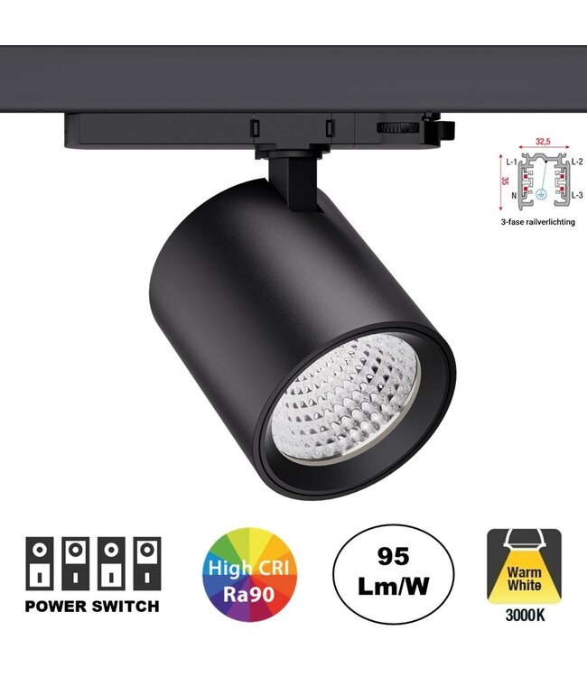 UITVERKOOP: 3 Fase LED Rail Spot met Wattage switch: 13-36W, 1250 tot 3600 lumen, CRI>90, Zwarte Behuizing