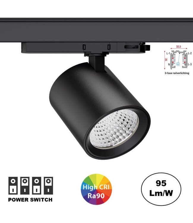 UITVERKOOP: 3 Fase LED Rail Spot met Wattage switch: 13-36W, 1250 tot 3600 lumen, CRI>90, Zwarte Behuizing