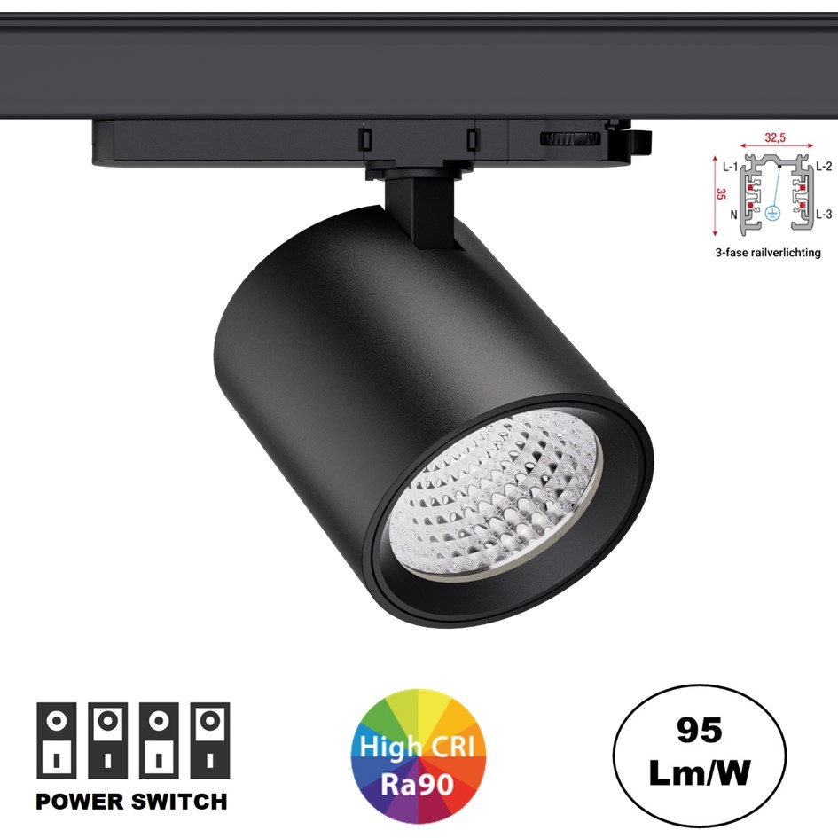 UITVERKOOP: 3 Fase LED Rail Spot met Wattage switch: 13-36W, 1250 tot 3600 lumen, CRI>90, Zwarte Behuizing, foto 2 van 6