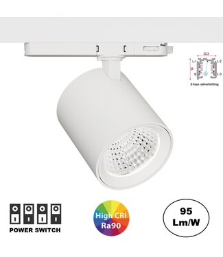 UITVERKOOP: 3 Fase LED Rail Spot met Wattage switch: 13-36W, 1250 tot 3600 lumen, CRI>90, Witte Behuizing