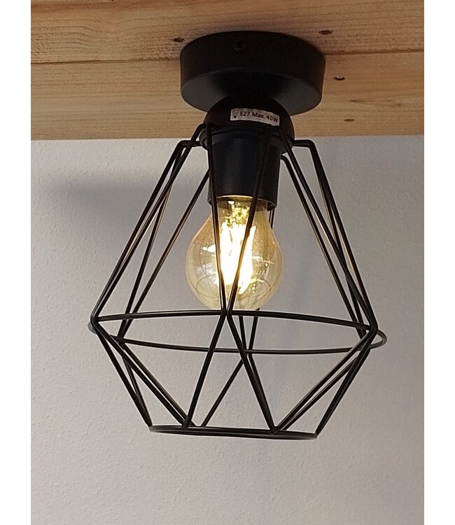 Industriële Plafondlamp Zwart | Ø18cm | Incl. Lichtbron E27 - 4w - 2400K - Dimbaar  | Retro | Vintage | Metaal