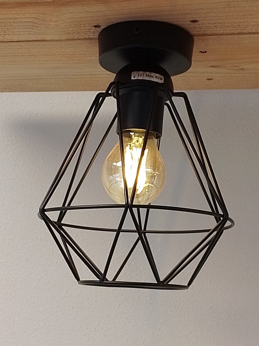 Industriële Plafondlamp Zwart | Ø18cm | Incl. Lichtbron E27 - 4w - 2400K - Dimbaar | Retro | Vintage | Metaal, foto 4 van 6