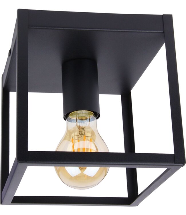 Industriële Plafondlamp Zwart | 16x16cm | Incl. Lichtbron E27 - 4w - 2400K - Dimbaar  | Retro | Vintage | Metaal