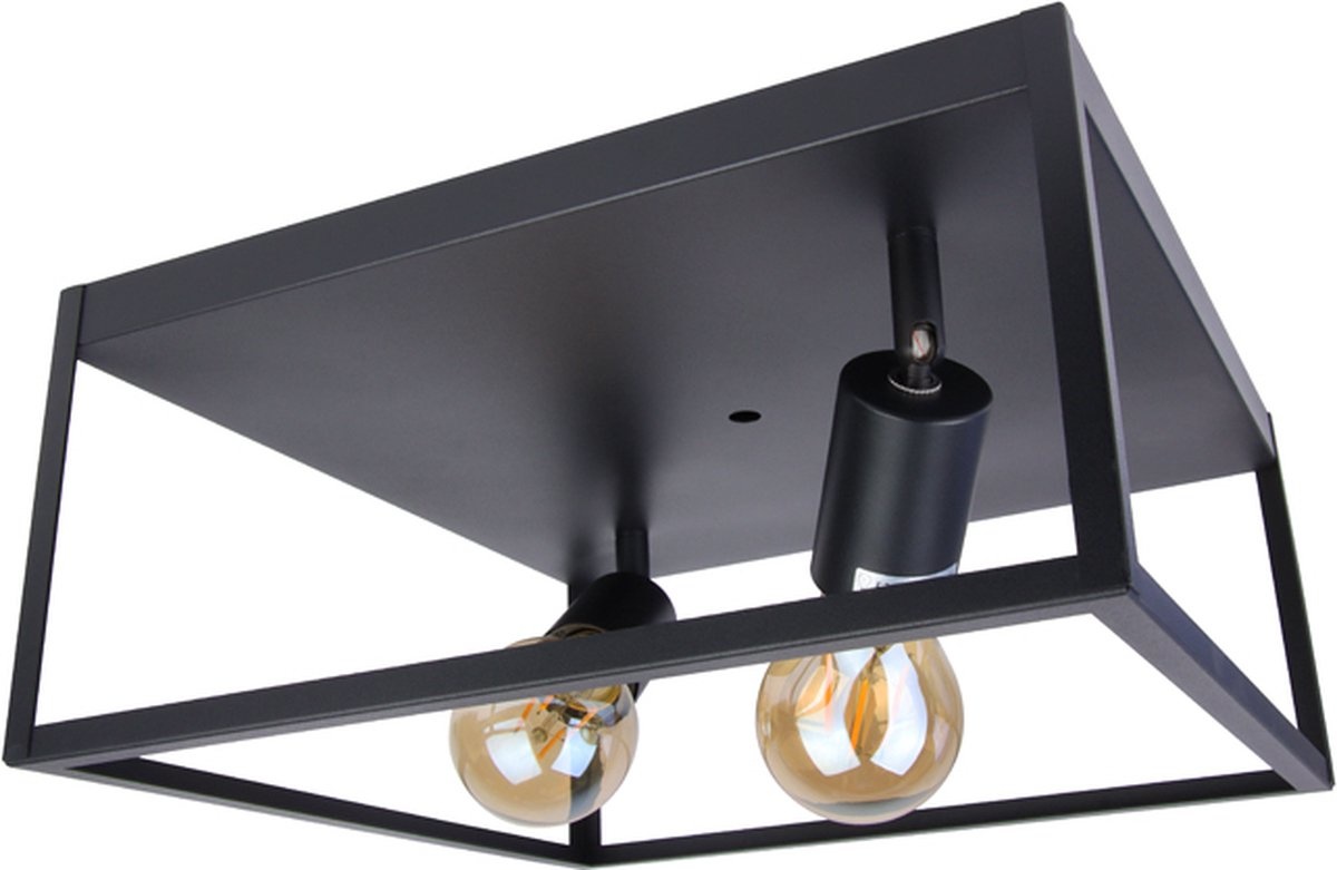Industriële Plafondlamp Zwart | 30x30cm | Incl. 2x Lichtbron E27 - 4w - 2400K - Dimbaar | Retro | Vintage | Metaal, foto 2 van 6
