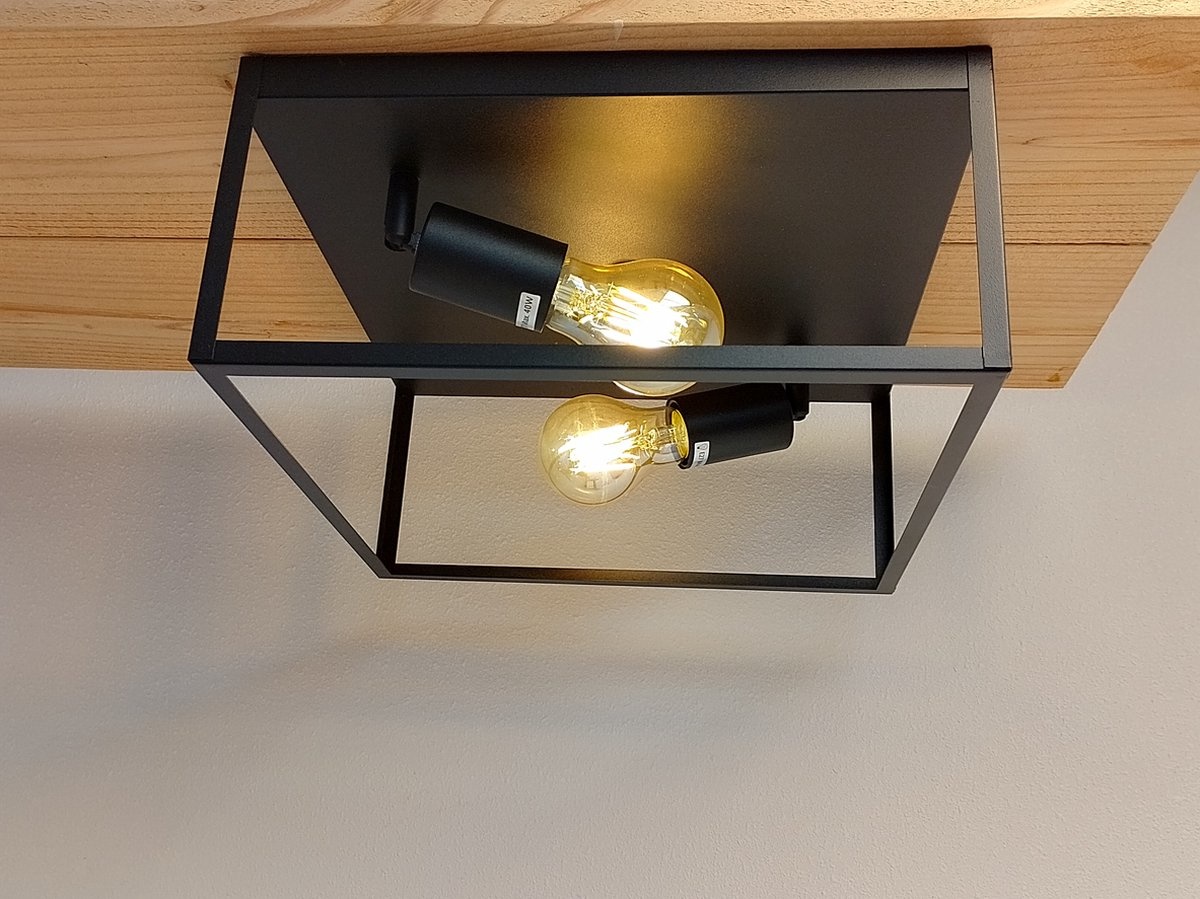 Industriële Plafondlamp Zwart | 30x30cm | Incl. 2x Lichtbron E27 - 4w - 2400K - Dimbaar | Retro | Vintage | Metaal, foto 3 van 6
