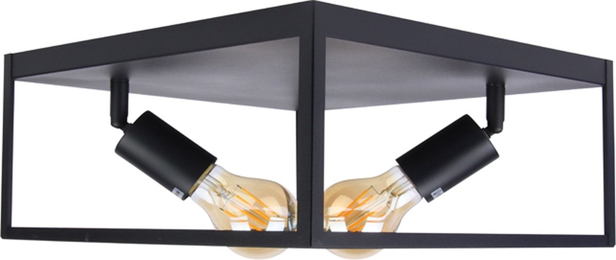 Industriële Plafondlamp Zwart | 30x30cm | Incl. 2x Lichtbron E27 - 4w - 2400K - Dimbaar | Retro | Vintage | Metaal, foto 5 van 6