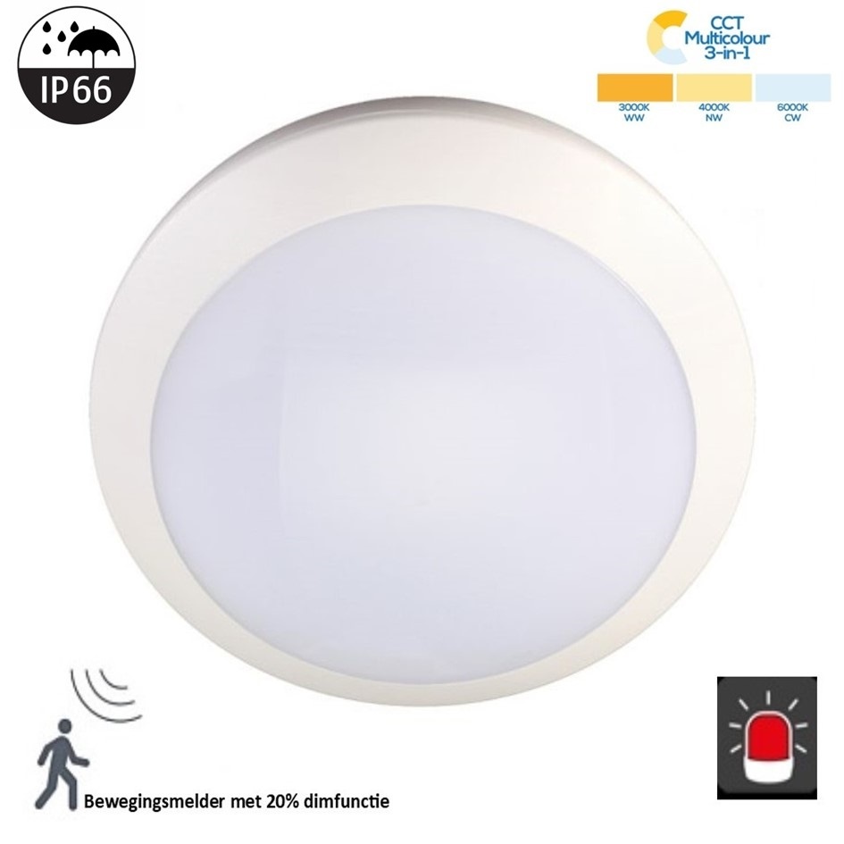 Led Plafonnière Wit 14w, 1400 Lumen, Color Switch (3000/4000/6000K), Met noodaccu en bewegingssensor met terugdimfunctie, IP66, IK10, 3 Jaar Garantie