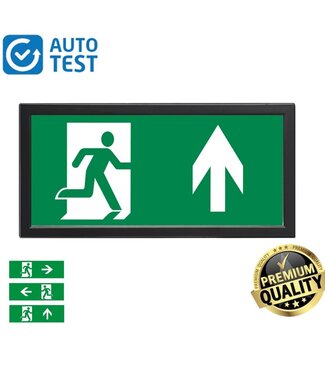 Auto-Test LED Opbouw Noodverlichting Flat Zwart 3w, 240 Lumen, Zichtbaar tot 28 meter, IP20, Met pijlaanduiding, 5 Jaar Garantie