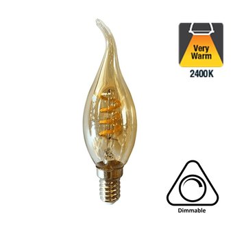 E14 Filament Kaarslamp met Tip, 1,6w, 2400K, Spiraal, Amber, 74 Lumen, Dimbaar, 2 jaar garantie