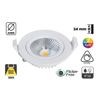 Inbouw LED Spot 5w Flat, 450 Lumen, 3000K, Kantelbaar, IP44, Dimbaar, Wit Armatuur, Gatmaat 72mm, 2 Jaar Garantie