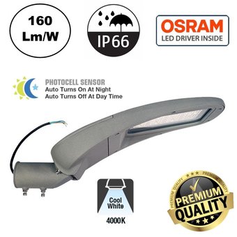 Premium Led Straatverlichting 100w, Met Daglichtsensor, 16000 Lm (160lm/w), 4000K Neutraal Wit, Osram LED Driver, IP66, IK10, 3 Jaar Garantie