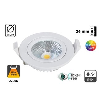 UITVERKOOP: Inbouw LED Spot 5w Flat, 450 Lumen, 2200K, Kantelbaar, IP54, CRI90, Wit Armatuur, Gatmaat 75mm, 2 Jaar Garantie