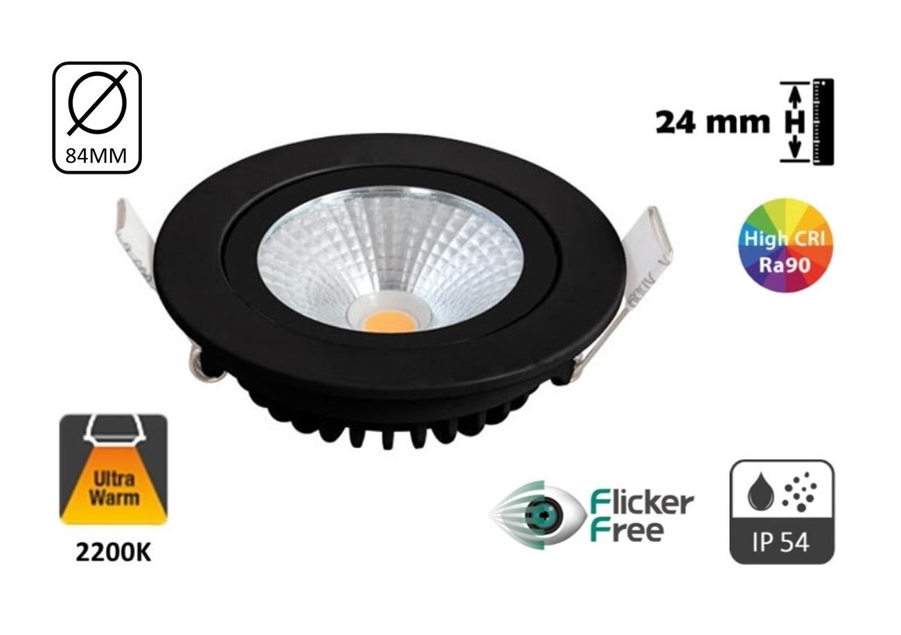 UITVERKOOP: Inbouw LED Spot 5w Flat, 450 Lumen, 2200K, Kantelbaar, IP54, CRI90, Zwart Armatuur, Gatmaat 75mm, 2 Jaar Garantie