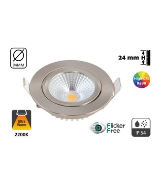 UITVERKOOP: Inbouw LED Spot 5w Flat, 450 Lumen, 2200K, Kantelbaar, IP54, CRI90, Staal Armatuur, Gatmaat 75mm, 2 Jaar Garantie