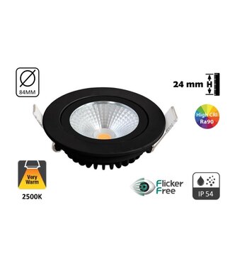 UITVERKOOP: Inbouw LED Spot 5w Flat, 450 Lumen, 2500K, Kantelbaar, IP54, CRI90, Zwart Armatuur, Gatmaat 75mm, 2 Jaar Garantie