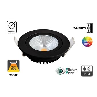 UITVERKOOP: Inbouw LED Spot 5w Flat, 450 Lumen, 2500K, Kantelbaar, IP54, CRI90, Zwart Armatuur, Gatmaat 75mm, 2 Jaar Garantie