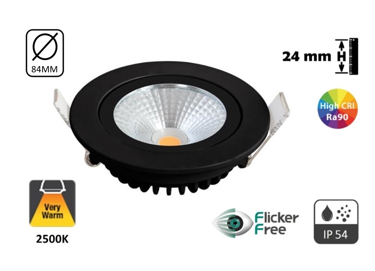 UITVERKOOP: Inbouw LED Spot 5w Flat, 450 Lumen, 2500K, Kantelbaar, IP54, CRI90, Zwart Armatuur, Gatmaat 75mm, 2 Jaar Garantie